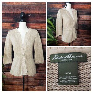 Eddie Bauer Cardigan Sweater M Ramie Blend Button Tan 3/4 Sleeves